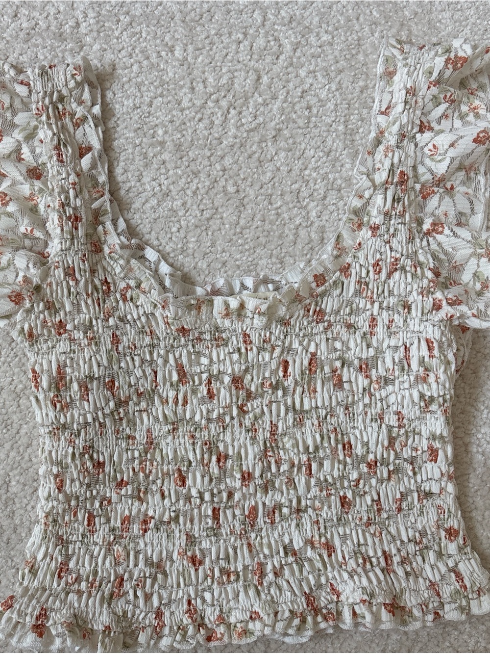 Smocked Floral Square-Neck Crop Top — Cream with Rust Floral